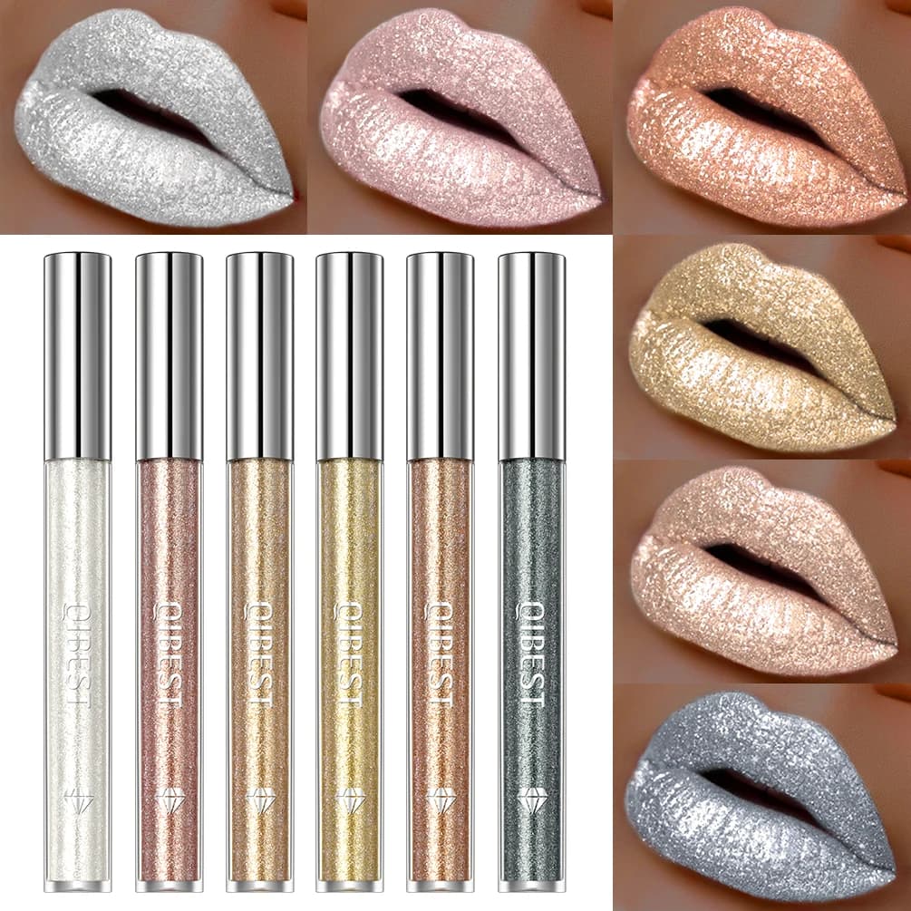QIBEST Glitter Diamond Lipstick Long-Term Waterproof Polished Pearl Polished Metal Fascinating Lip Makeup for Women 6 Colors