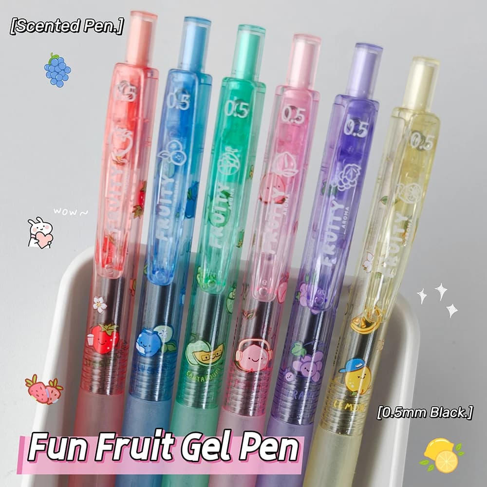 6 Pcs Scented Gel Pen Set 0.5mm Fun Fruit Quick Dry Pen Cute Cartoon Black Writing Pens For Study And Office Use