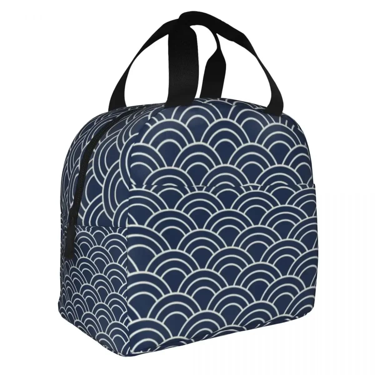 Waves Japanese Navy Blue Thermal Insulated Lunch Bags Women Japanese Harajuku Pattern Portable Lunch Tote Storage Food Box
