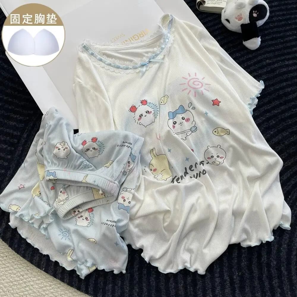 Summer Chiikawa Cotton Pajamas Suit Cartoon Hachiware Usagi Girls Homewear Anime Women Short Sleeved Shorts Kawaii Nightwear