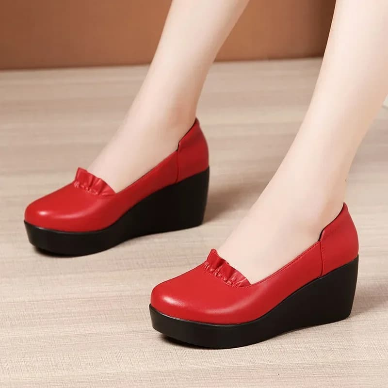 6cm Small Large Size 32-43 Mouth Superficial Moccasins Leather Soft Women Pumps Spring 2025 Med Heels Platform Hedges Shoe Office Mom