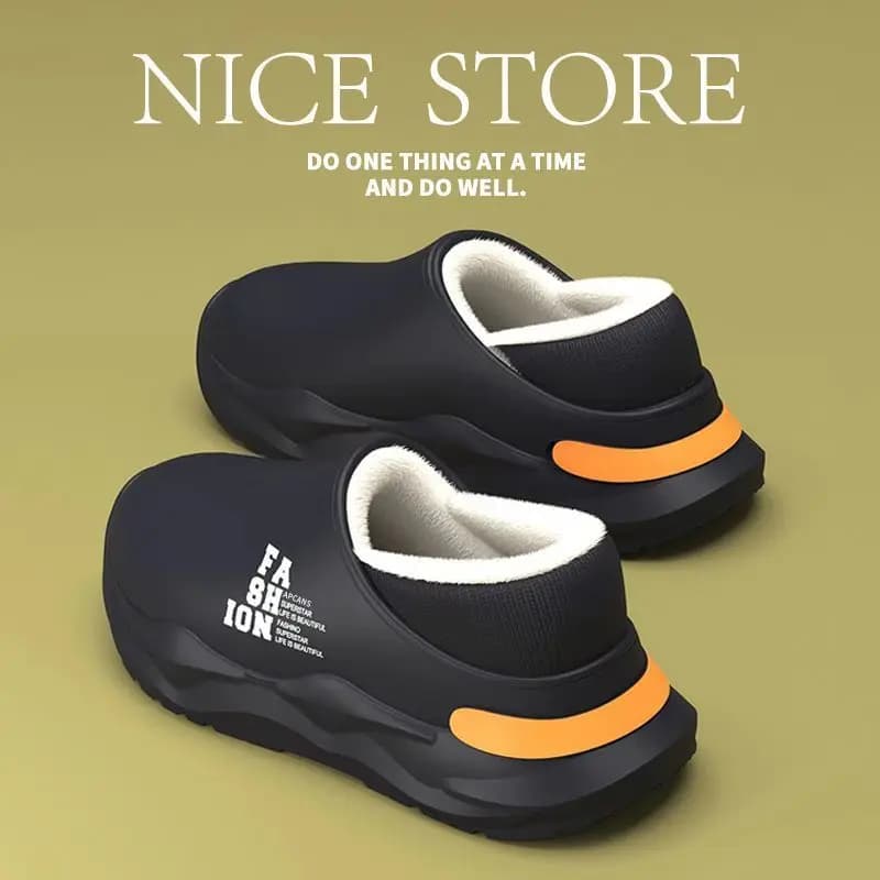 EVA Waterproof Cotton Slippers for Men in Winter with Plush Insulation, Thick Bottom Plush Lining, Bag Heel Cotton Shoes