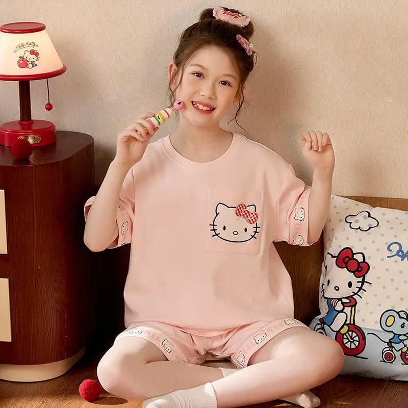 Set pigiama Anime Hello Kitty da 2 pezzi, pantaloncini a maniche corte Hangyodon, set di abiti da casa, abbigliamento da casa da donna, pigiama carino in puro cotone per ragazza