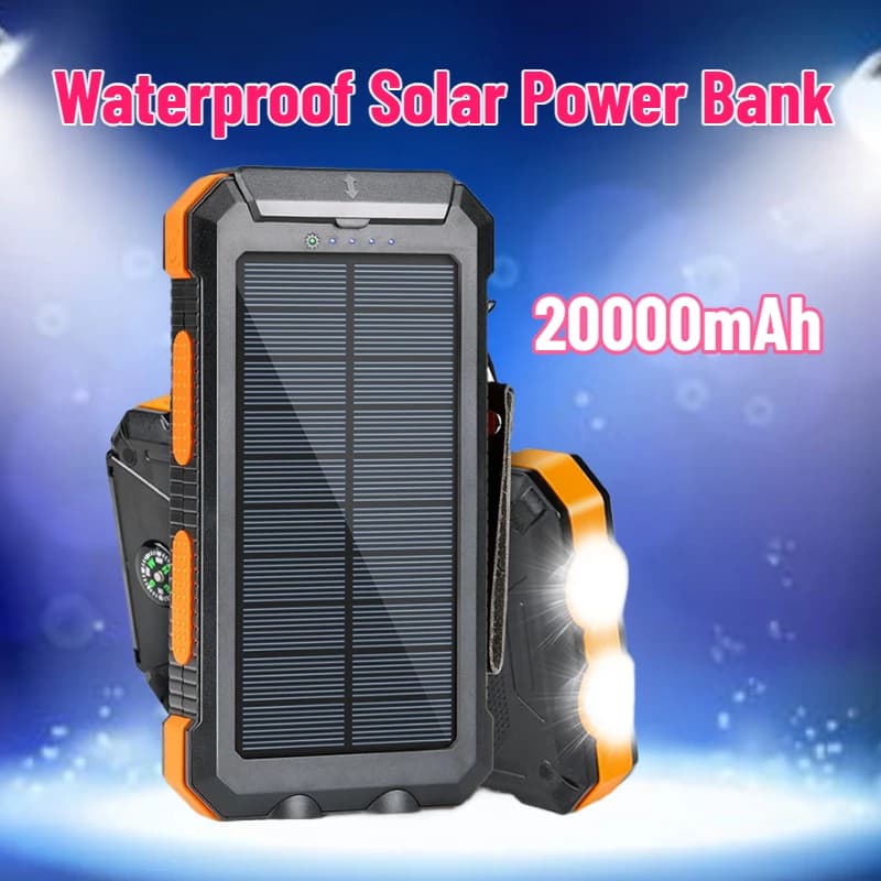 Power Bank Solare Impermeabile da 20000mAh, Caricabatterie Portatile USB, Batteria Esterna per iPhone e Xiaomi