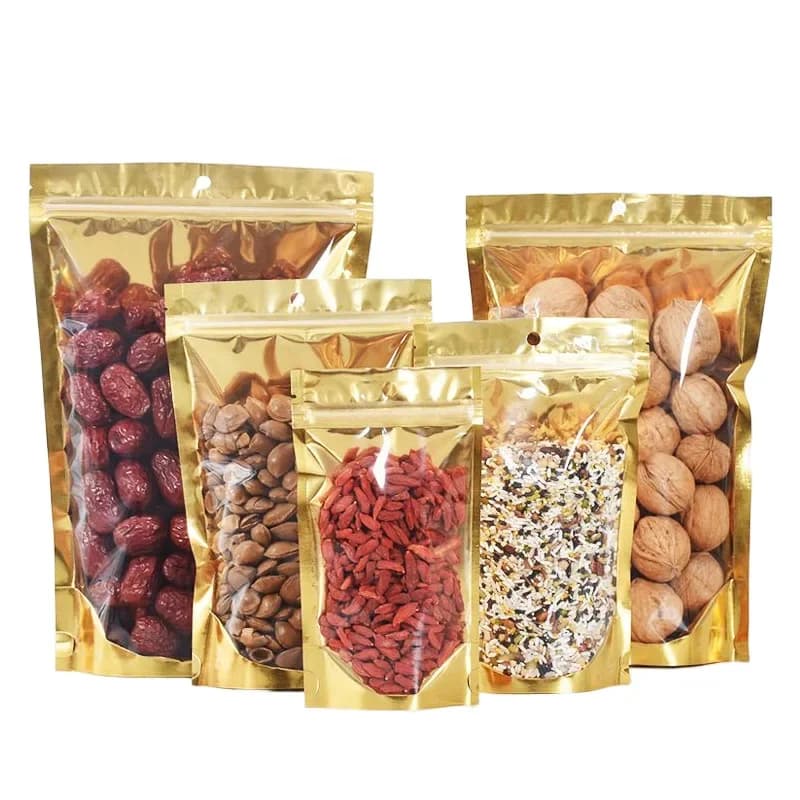 Sacchetti con cerniera in foglio di alluminio dorato da 100 pezzi con foro per appendere buste per alimenti riutilizzabili per noci, caramelle, frutta secca, snack, buste per imballaggio