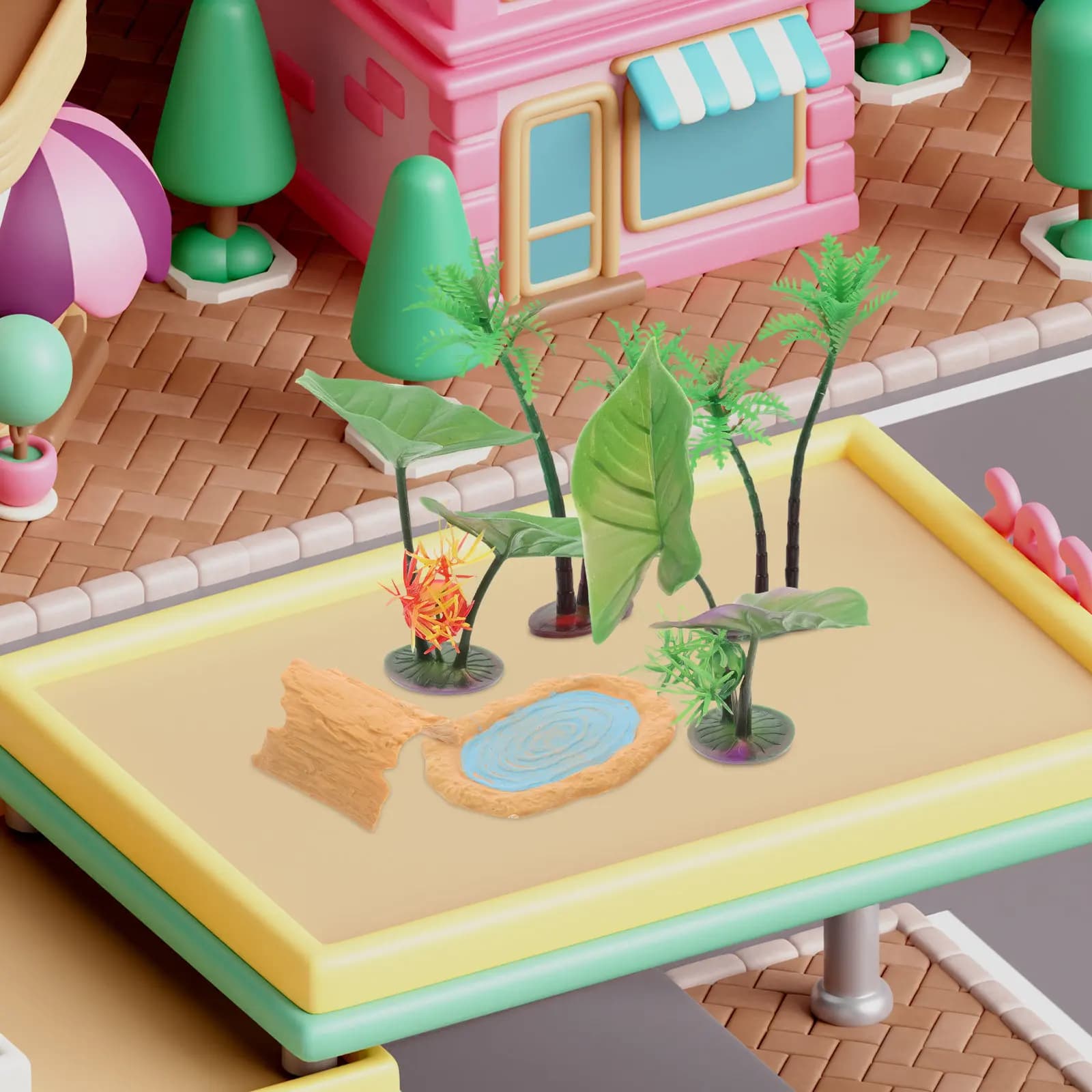 Set di 1 Scena in Miniatura per Laghetto con Pesci, Palma Artificiale, Foglie di Loto Realistiche in Schiuma, Blocco di Legno per Giardino Zen Micro