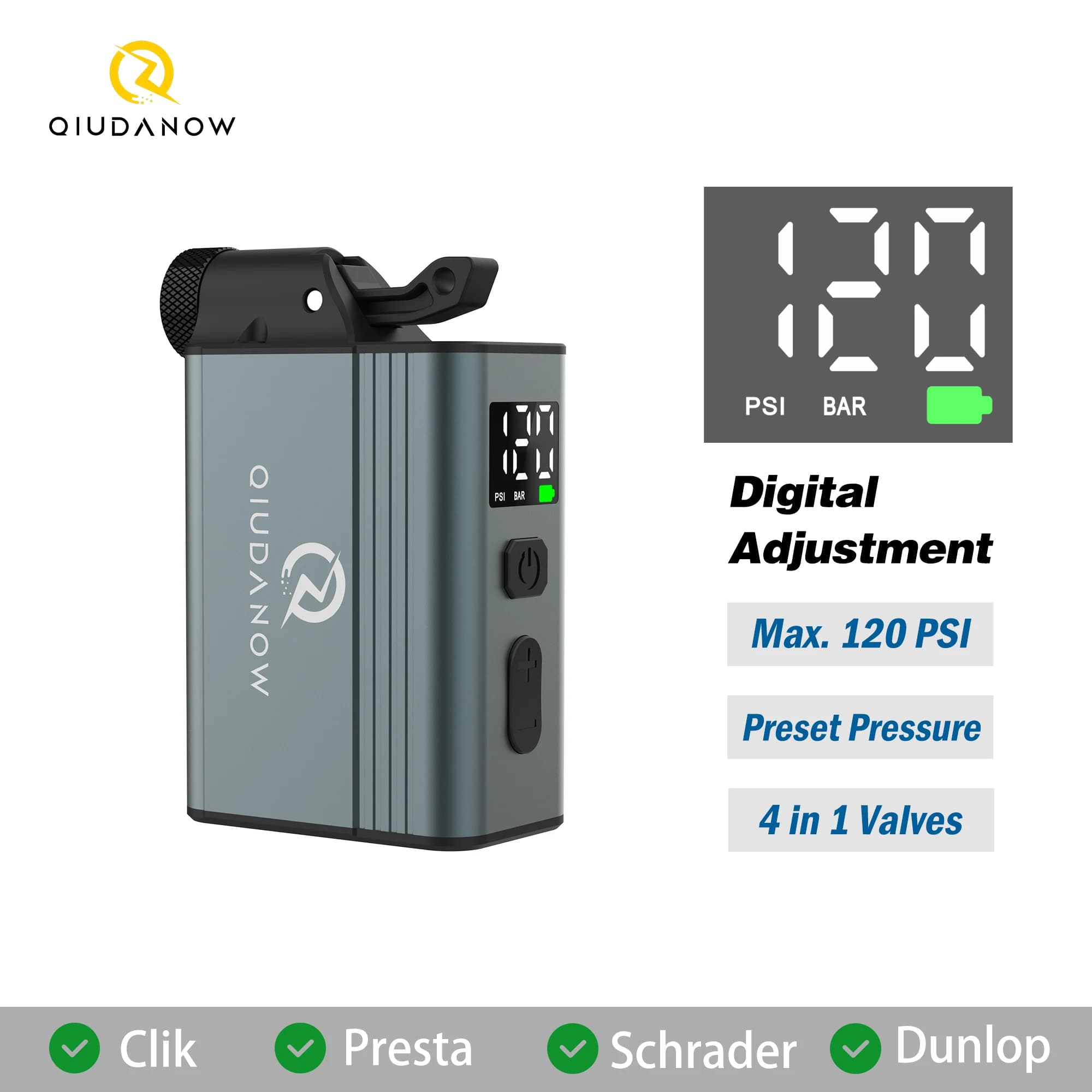 Pompa d'aria elettrica portatile per pneumatici di biciclette con schermo digitale, gonfiatore tascabile per pneumatici compatibile con valvole Clik, Schrader, Presta, Dunlop