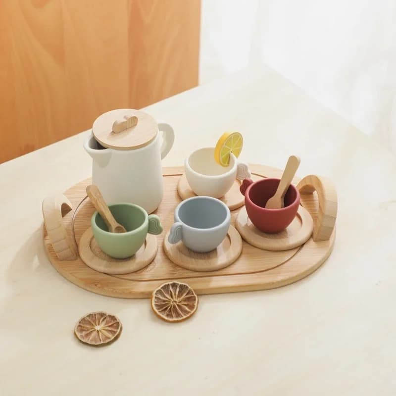 Giocattoli Montessori in legno per bambini che giocano a casa teiera pomeridiano Teacup simulazione utensile da cucina BPA Free Silicone Cup Birthday Toy