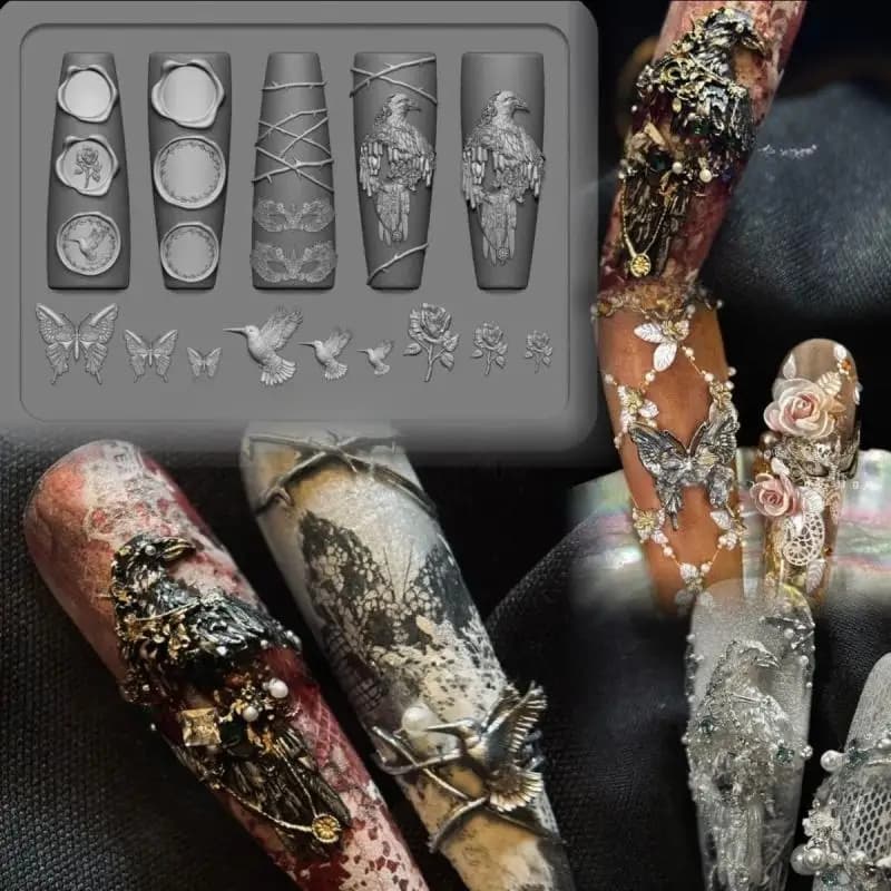 **1PC Silicone Nail Art Mold Retro Crow Rose Butterfly Night Eagle 3D Nail Art Decoration DIY Design Transparent Mold