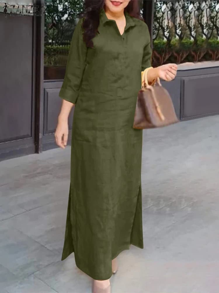 Primavera Vintage risvolto collo manica 3/4 vestito estivo ZANZEA donna camicia lunga abito elegante casual lavoro partito abiti solido caftano 2025
