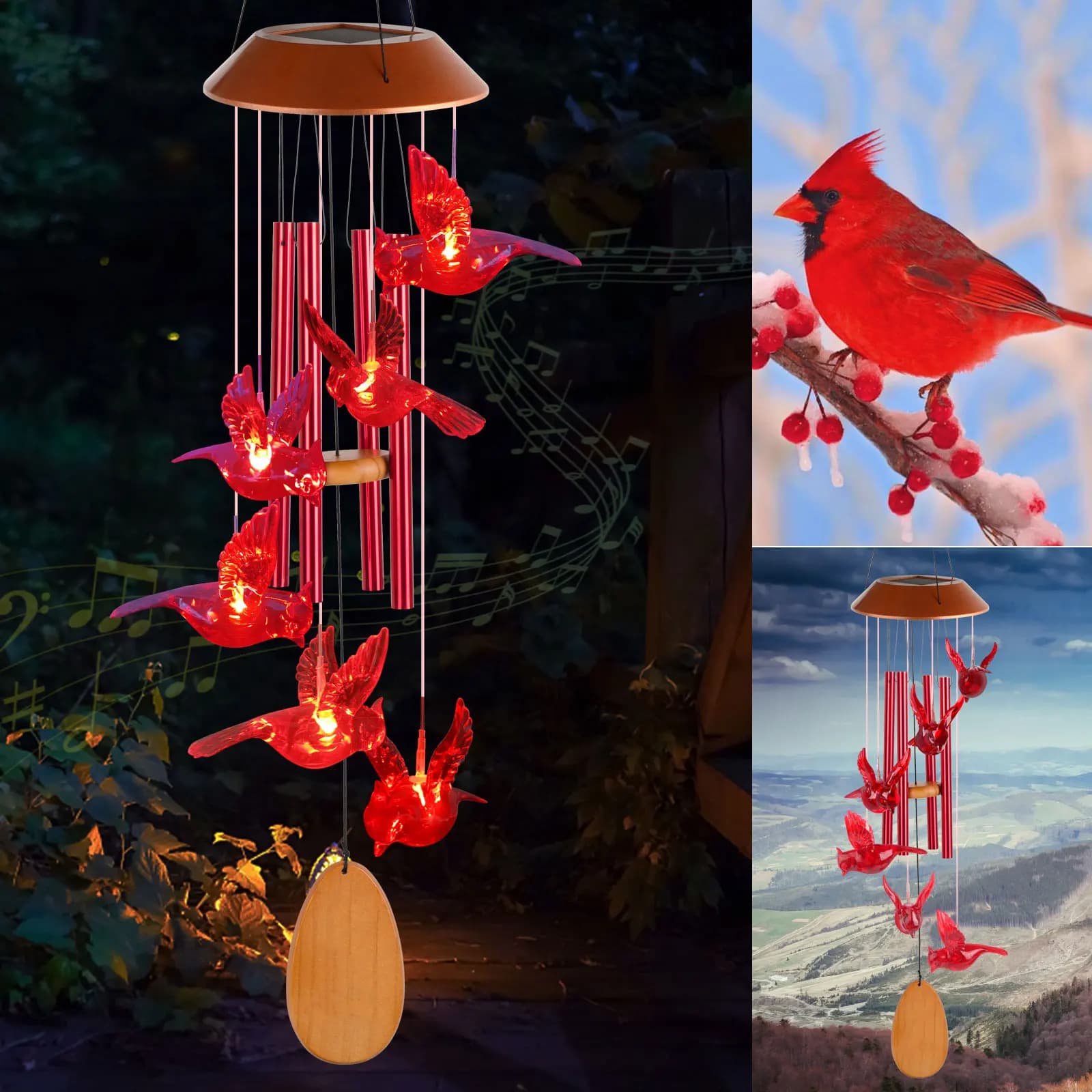 Solar wind turbines, Christmas gifts for mom and grandmother, wooden cardinal with aluminum tubes, outdoor garden decorations for Valentine's Day