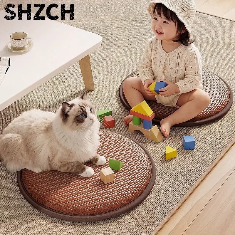 Tatami Floor Cushion Woven Rattan Zafu Yoga Meditation Mat Breathable Cool Pad