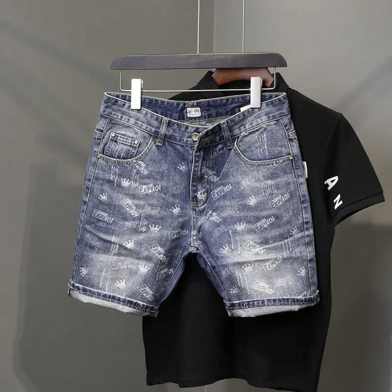 New Summer Luxury Clothing Denim Casual Short Jean Men Shorts Knee Length Washed Printed Fashion Korean Punk Trendy Cowboy Pants