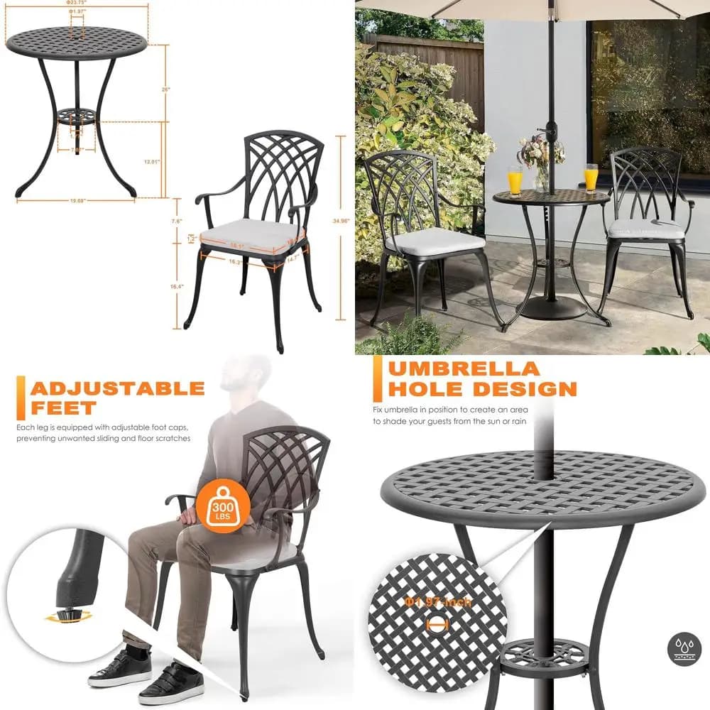 Set da bistrot da esterno in 3 pezzi con tavolo, 2 sedie, foro per ombrellone, cuscini grigi, nero