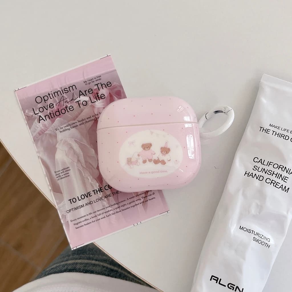 Custodia Protettiva Lucida per Auricolari AirPods 1/2/3/4 Pro/Pro2/Pro3 con Orsetti Carini a Pois Rosa Kawaii