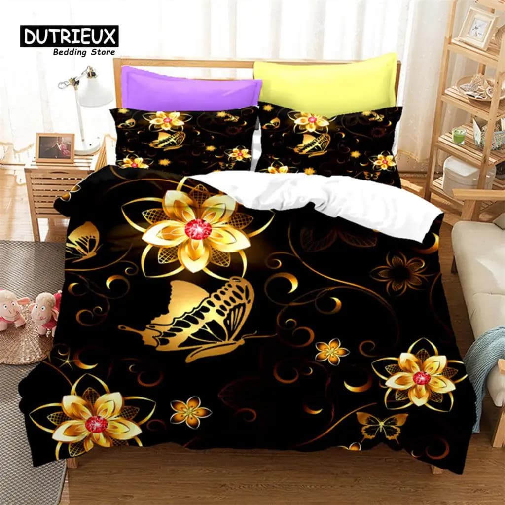 Golden Butterfly And Floral Bedding Set Queen Print Black Duvet Cover With Pillowcases For Kids Girls Boys Adults Bedroom Decor