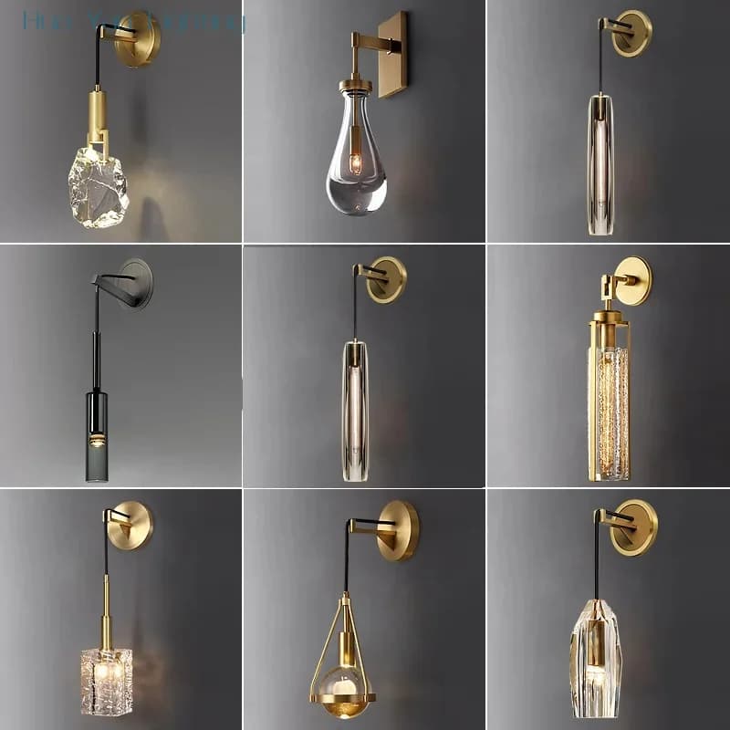 Lampade da parete a LED in cristallo con gocce d'acqua Parti in rame Camera da letto Soggiorno Specchio da bagno accanto alla lampada nordica