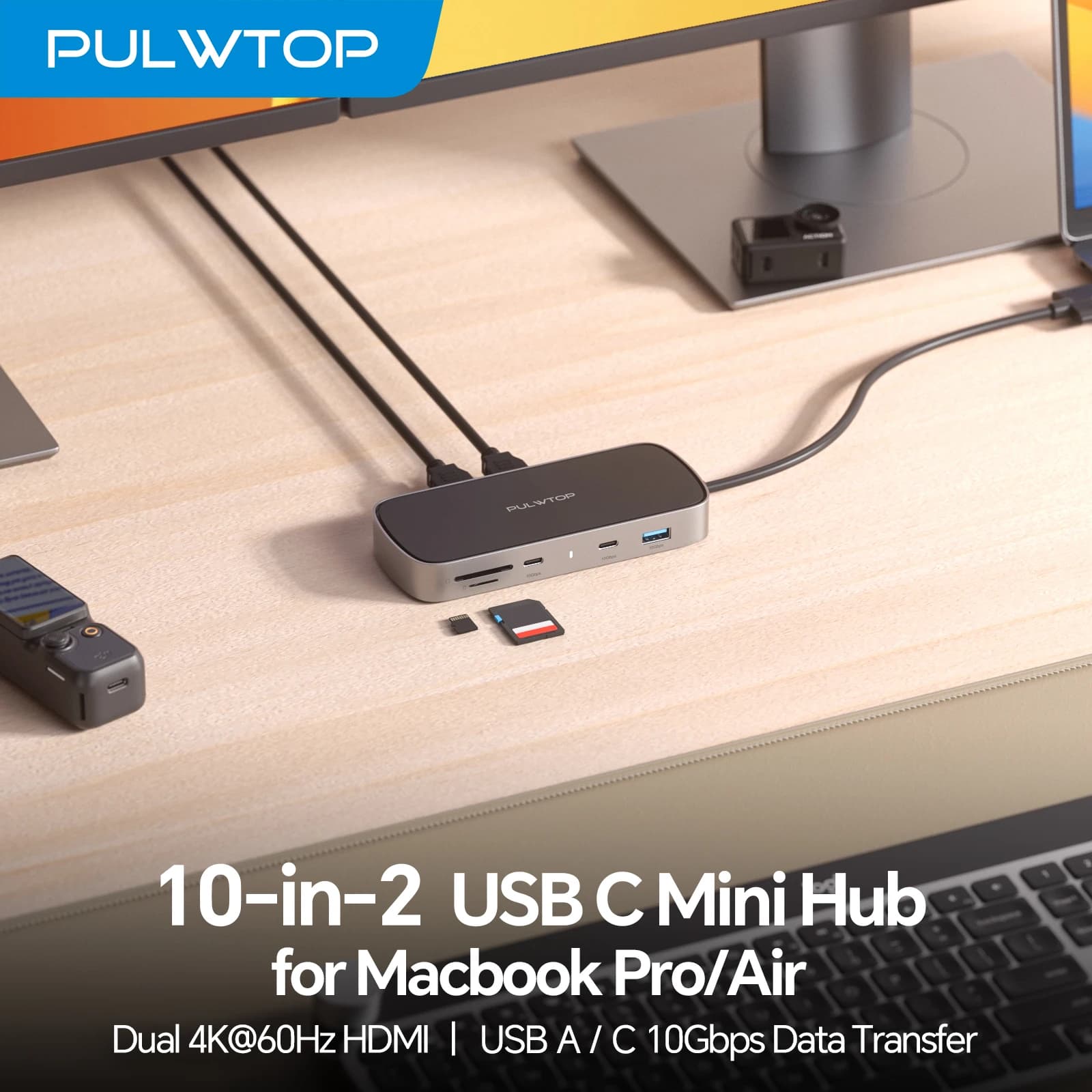 PULWTOP Docking Station per MacBook Pro con Doppio Monitor 4K@60Hz, Dock per Macbook Pro con 2 HDMI, PD, Ethernet, USB A/C 10Gbps, SD/TF, USB 2.0