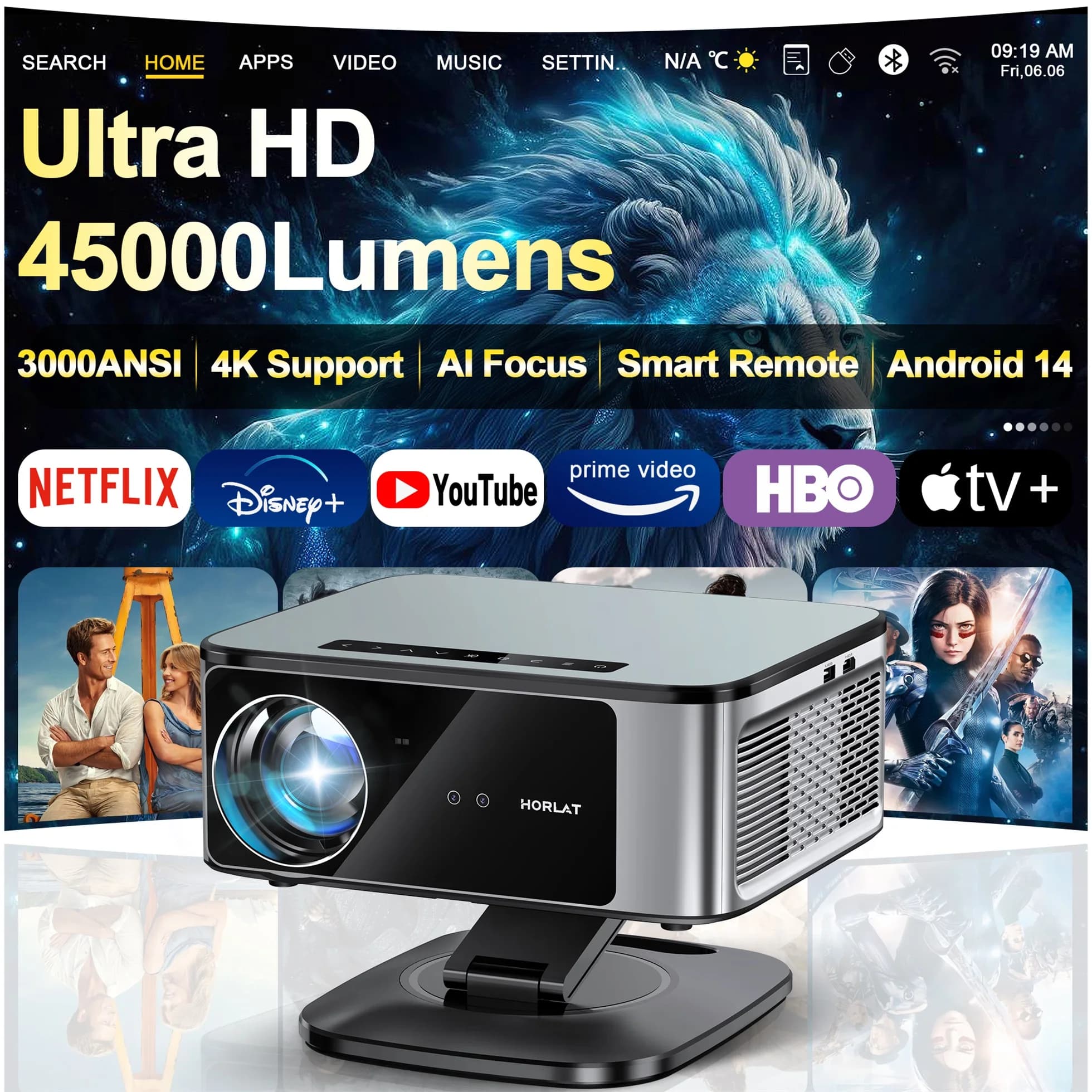 Proiettore Laser HORLAT 2025 da 45000 Lumen 4K UHD con Focus TOF, Android 11, WiFi 6, Full HD 1080P per Home Theater e Visione Diurna