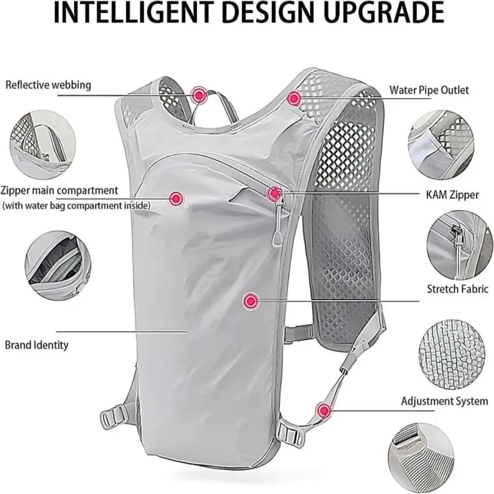 Gilet Idratazione Traspirante Impermeabile con Tasche Multiple, Zaino da Corsa in Nylon, Zaino Regolabile con Sacca d'Acqua per Maratona