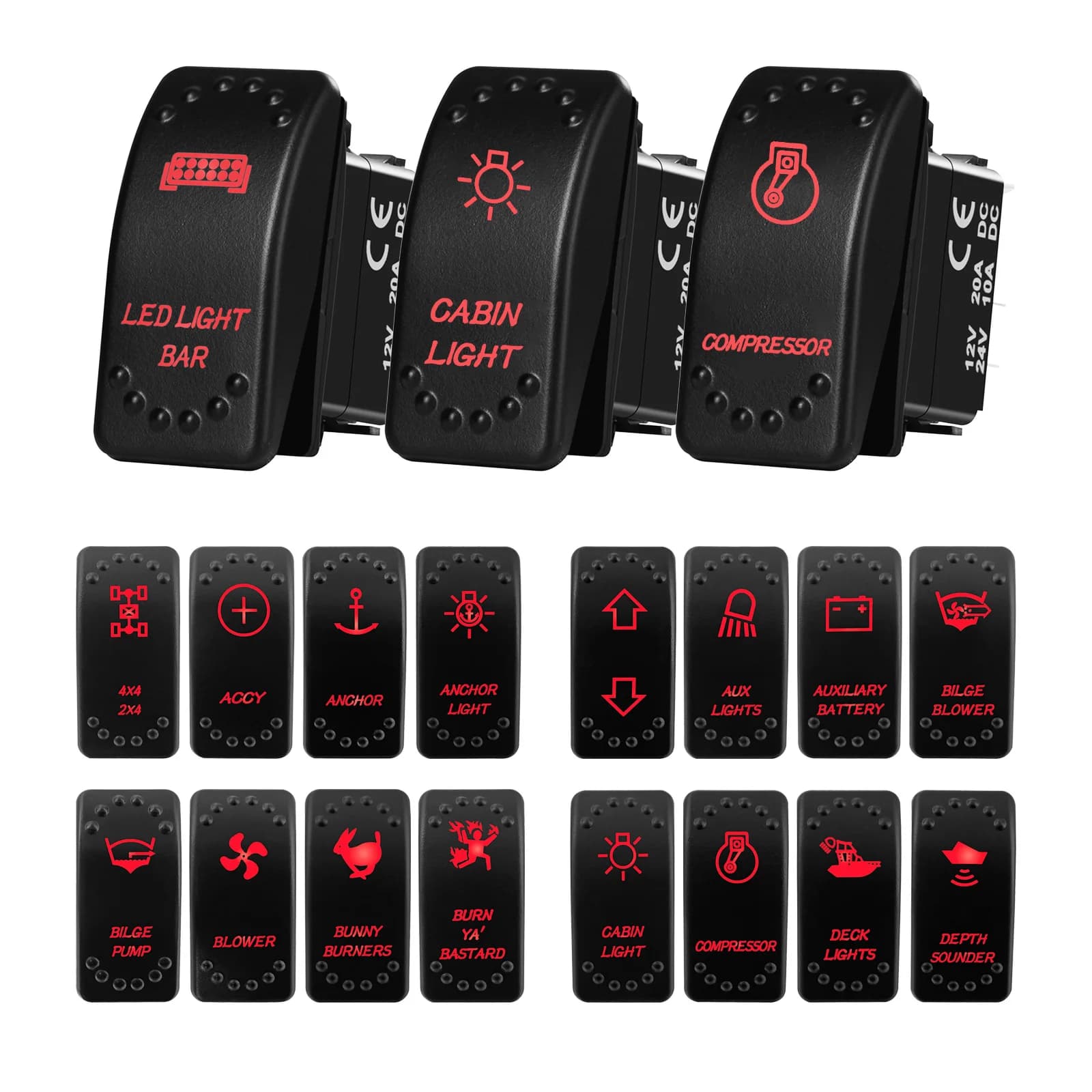 Pulsante interruttore a bilanciere a LED rosso Barra luminosa a LED/Fline ON OFF SPST 5Pin/DPDT 7Pin per accessori camper per camion barche marine per auto