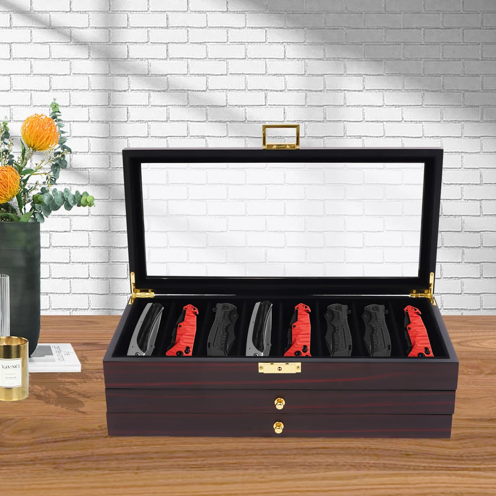 3 Level Knive Display, Knive Showcase, Storage Box with Lock, 22 Parts, for Knives, Forks, Knives