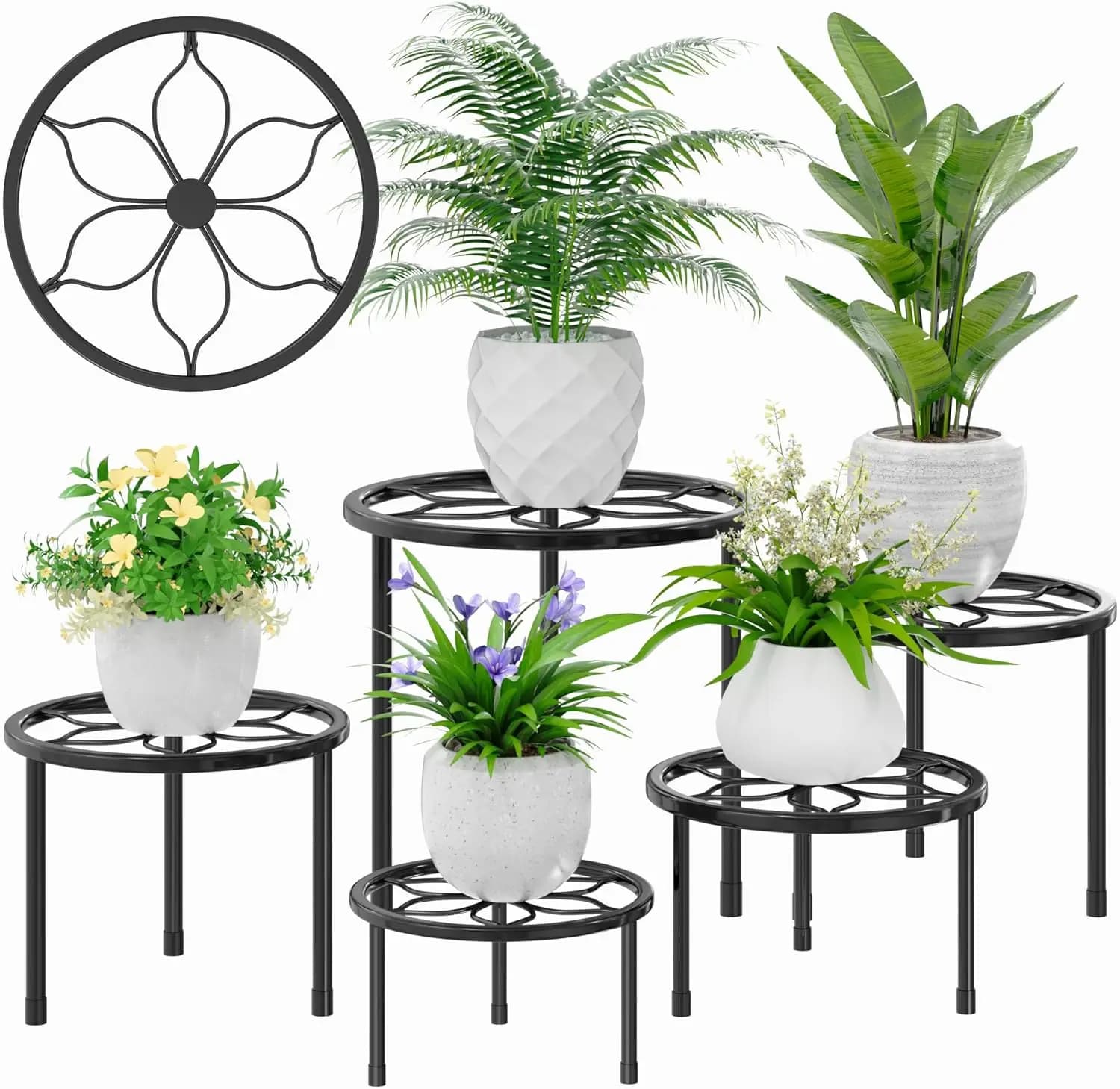 Set of 5 Supports for Resistant Metal Plants, Black Round Vessels for Internal and External Use