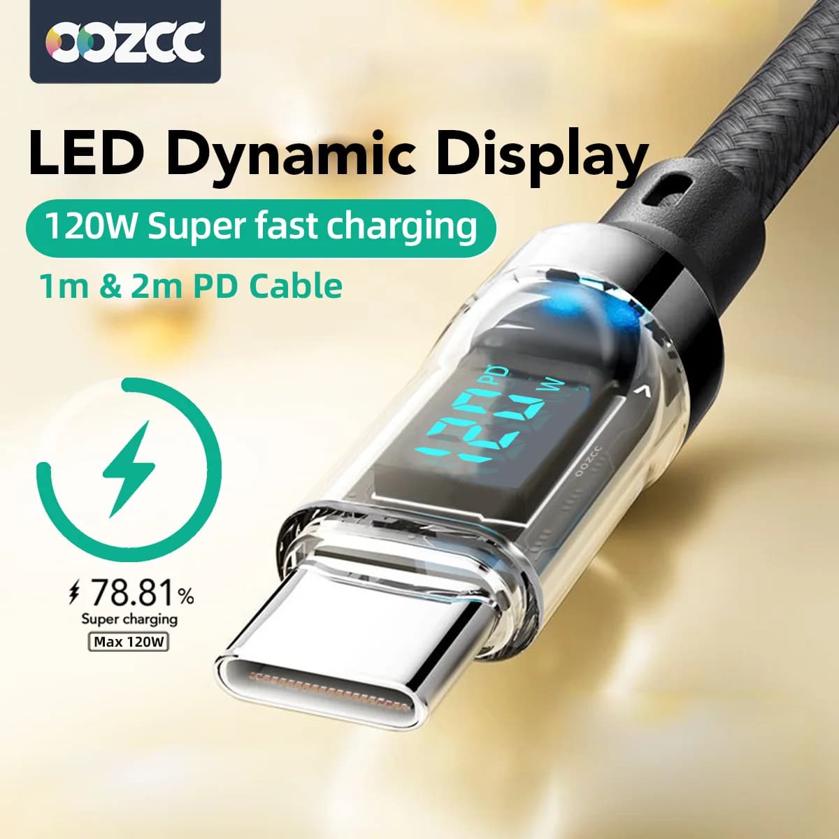 OOZCC LCD display cable Watt, USB cable data transfer type C with super fast charging maximum 120 W, from USB A to Lightning for IPhone14 Pro