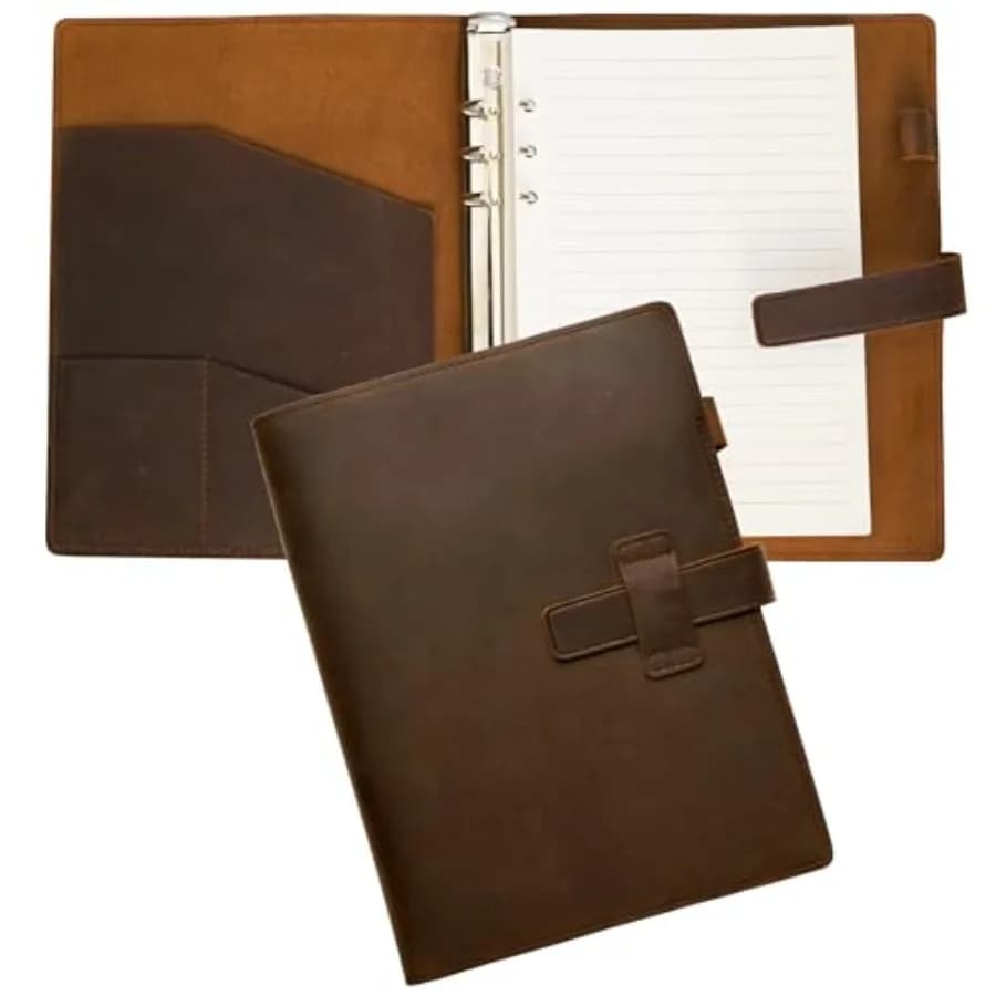 Refillable A5 Leather Binder Notebook 6-Ring, Reusable Genuine Leather Journal, Vintage Planner, 120 Pages Lined Paper and Pock