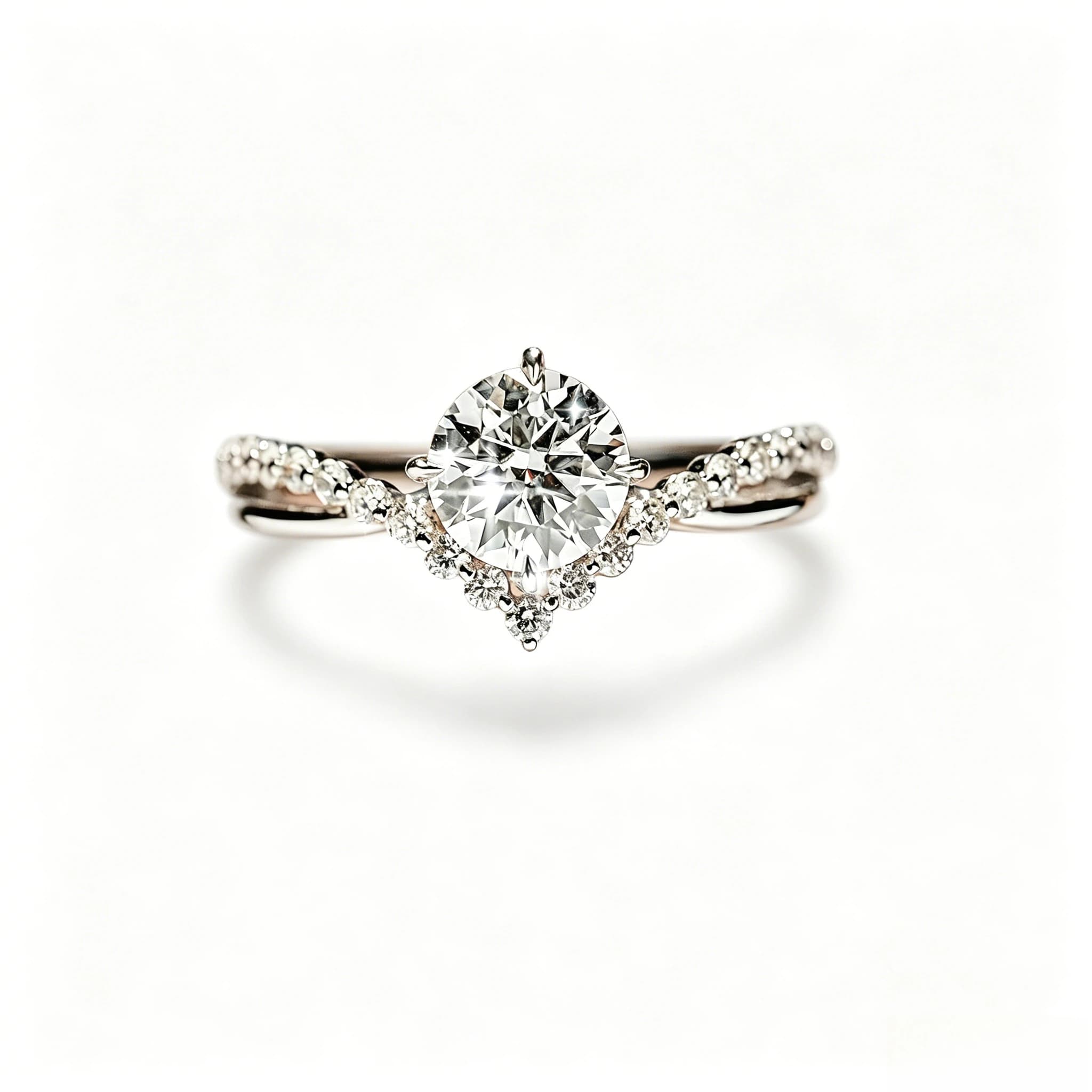Classic four-prong diamond ring with a row of heart-shaped small diamonds. Featuring a light luxury style, this versatile band is perfect for proposals, engagements and special occasions.