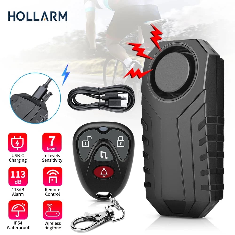 Hollarm Allarme vibrazione bicicletta wireless Carica USB Impermeabile Moto Bici elettrica Allarme telecomando Protezione di sicurezza