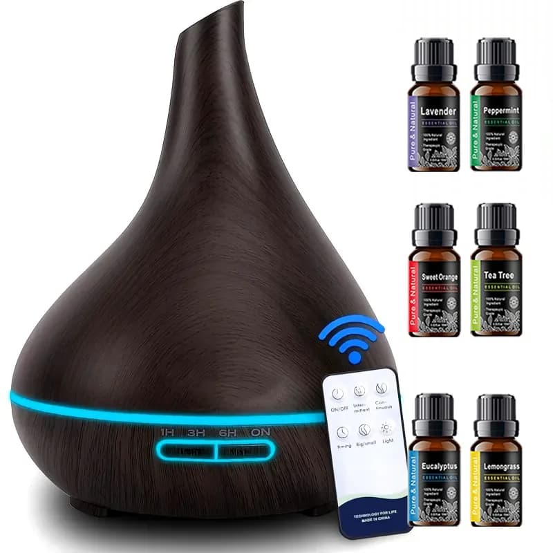 Umidificatore per aromaterapia con venature del legno: diffusore USB da 16,91 once con 6 oli essenziali, timer, luce a LED, nebbia fredda ad onde sonore per camera da letto