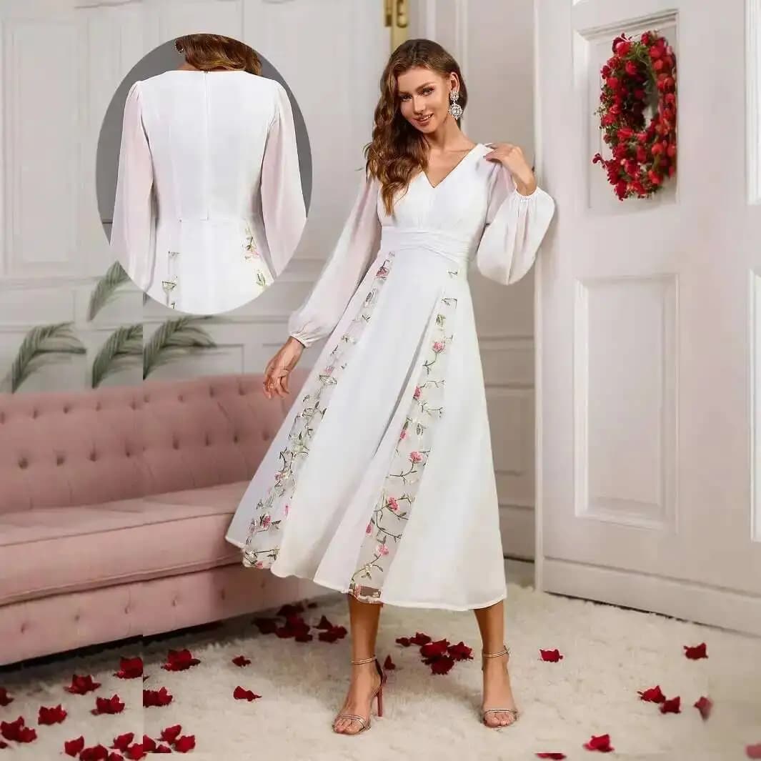 Nuova Gonna Bianca Soffice e Versatile con Scollo a V e Maniche a Lanterna, Lunghezza Media, per Banchetti, Matrimoni, Regalo per la Sposa, Feste, Elegante Stile Islamico