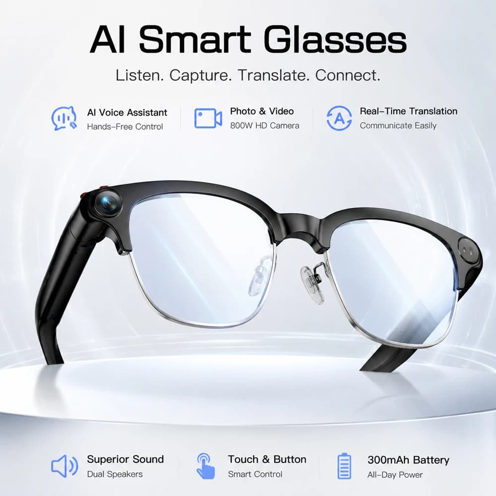 Fashion Smart Glasses HD Video Recording Voice Assistant AI Translation 800W HD Camera Dual Speakers 42g Sunglasses Men Women