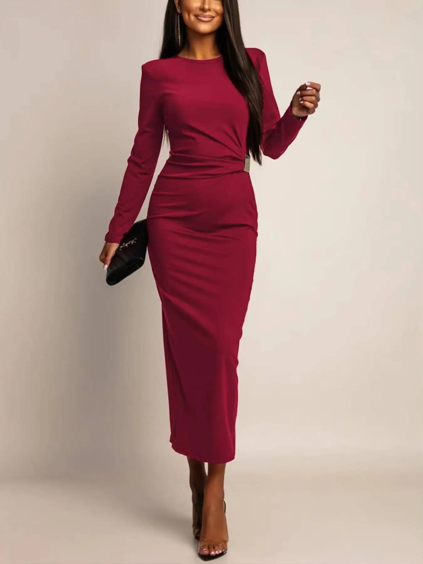 Maxi Dress Spring Summer Women Wine Red Long Sleeve Ruched Bodycon Sexy Elegant Party Date Evening Dress