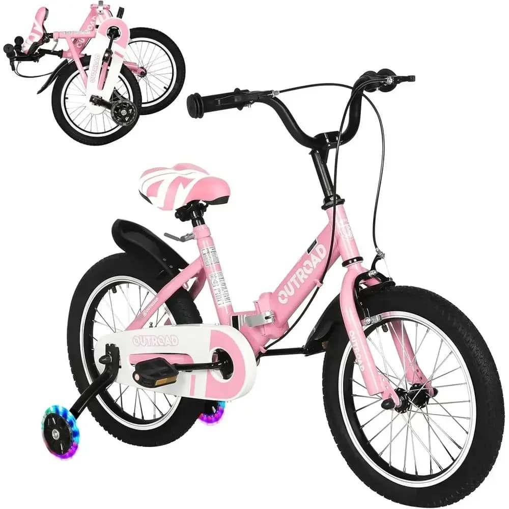 Children's 14-18 Inch Bikes with Training Wheels, Dual Brakes, and LED Lights for Ages 3-10