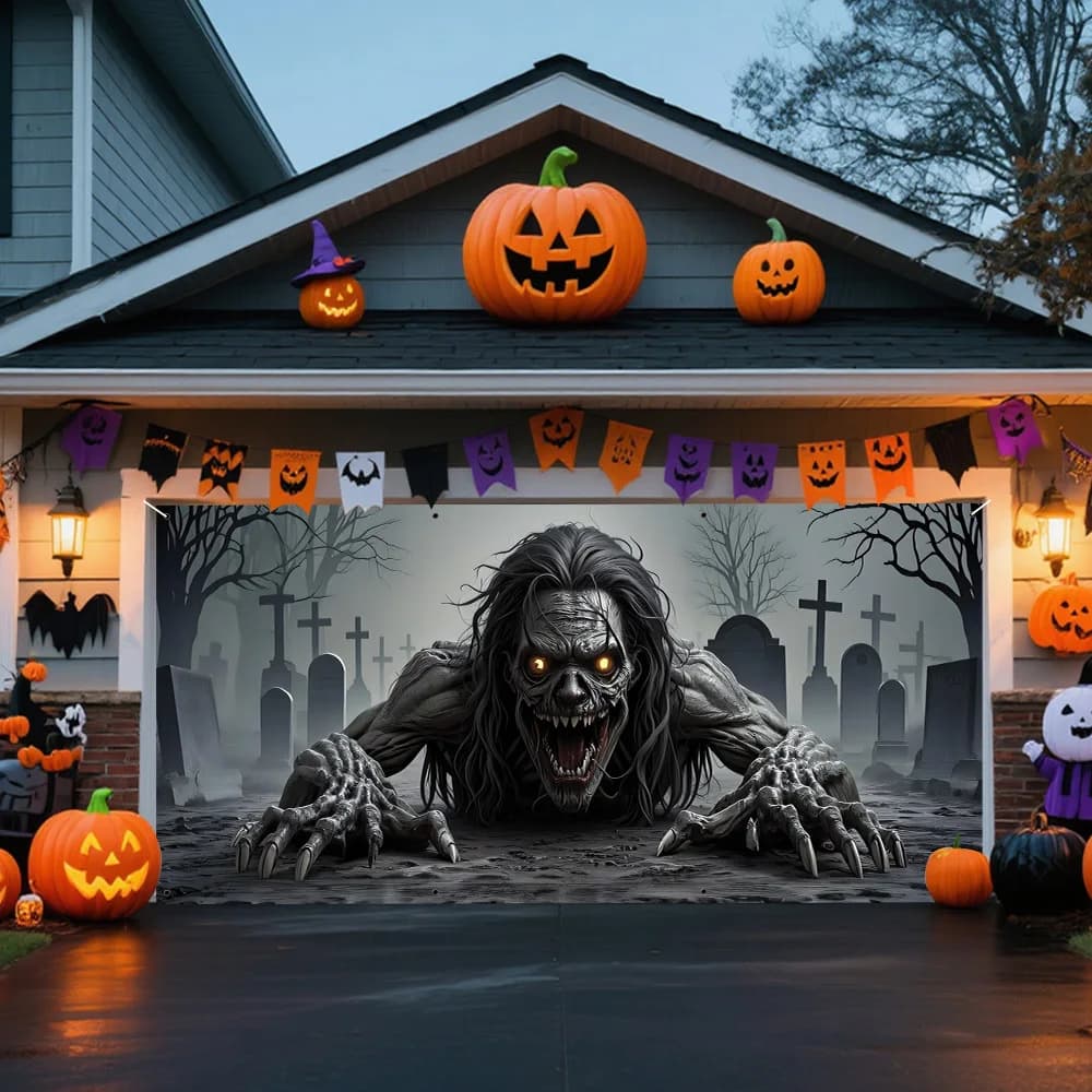 2D flat curtain banner, 1 piece. Ghost cemetery zombie breaks through the ground. Comes with tombstone and withered tree.