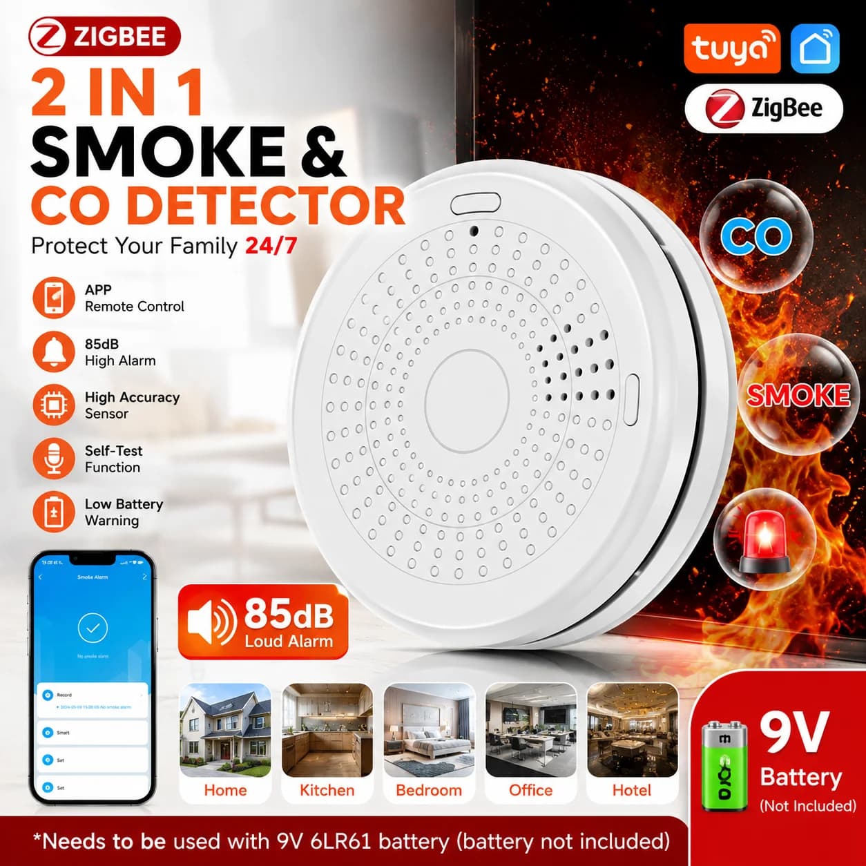 Tuya Zigbee Smoke and Carbon Monoxide Detector High Decibel Fire CO Alarm Smart Home Security Sensor Work with Smart Life APP