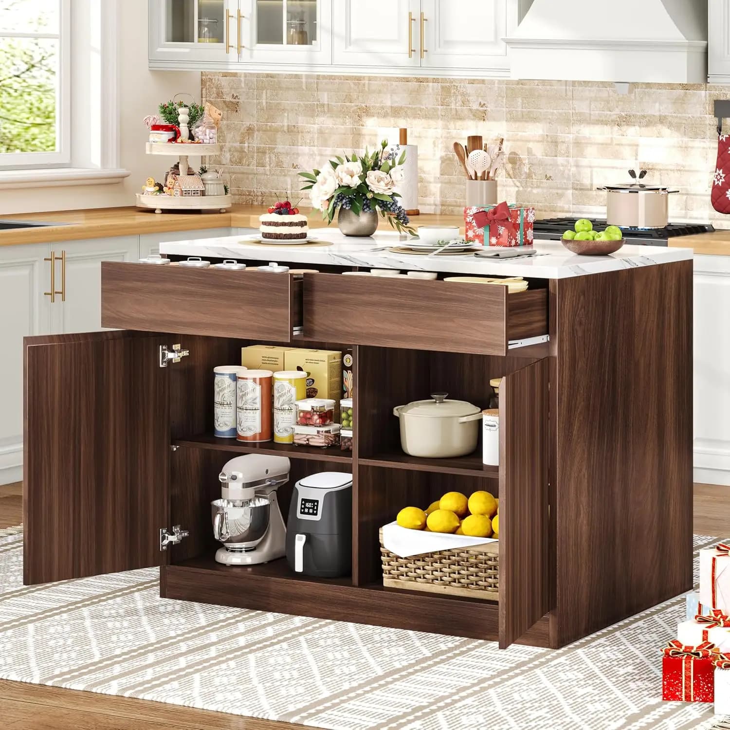 Kitchen Island with Storage, 47.2" Large Faux Marble Countertop Kitchen Island with 2 Drawers and Adjustable, Customized