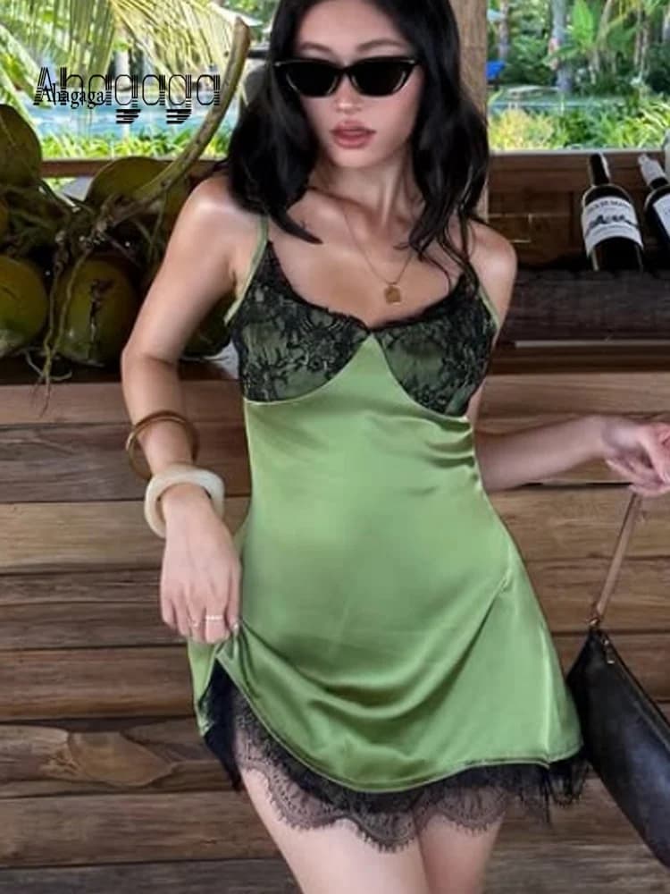 Ahagaga Mini Abiti Chic Sexy da Club per Donne, Vestito Aderente con Inserti in Pizzo, Stile Y2K, Casual per Vacanze e Spiaggia