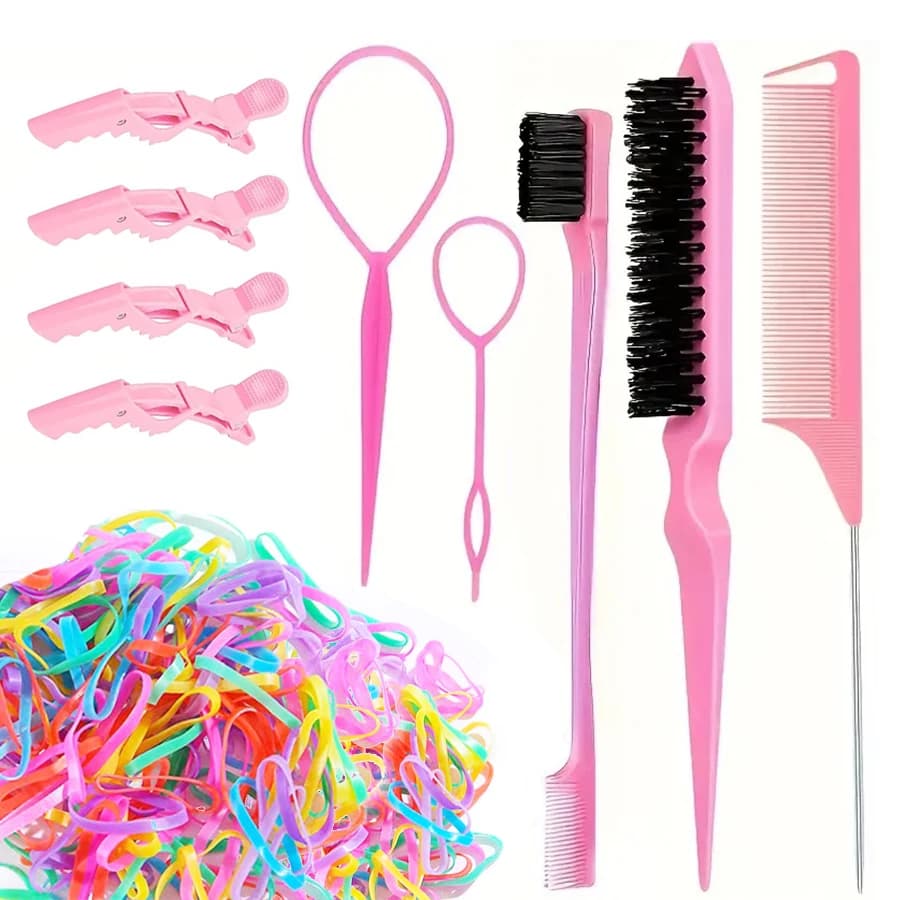 Mini elastici colorati da 200 pezzi con 2 pezzi di strumenti per capelli a coda Topsy, 3 pezzi di spazzole per parrucchieri, 4 clip per lo Styling dei capelli per le donne