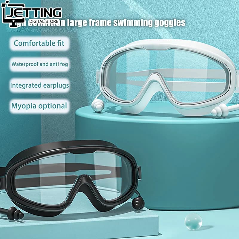 Outdoor swimming glasses with large frame Anti-snatch Swim glasses for scuba diving with ear plugs for water sports for young adults