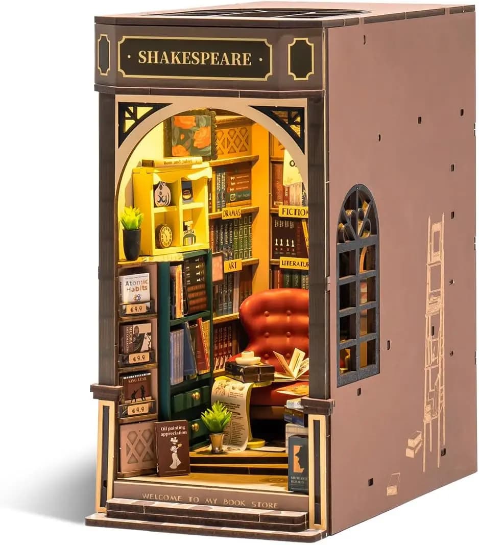 Kit angolo libro fai da te, fermalibri puzzle in legno 3D con illuminazione, decorazione da scaffale in miniatura per hobby artigianali per adulti