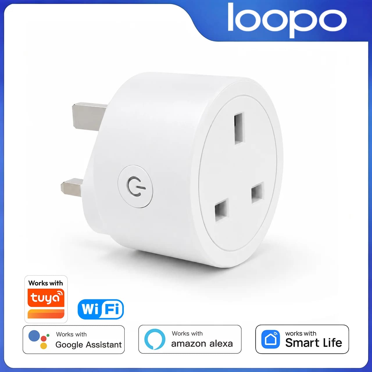Presa intelligente WiFi Tuya con spina rotonda standard UK da 16A, compatibile con Google Assistant e Alexa per la domotica.