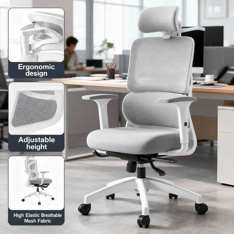 Sedia da ufficio ergonomica da gioco Sedia da scrivania reclinabile con schienale alto Poggiatesta in rete Supporto lombare Ruote girevoli regolabili Home Office