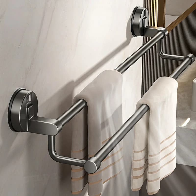 Suction‑Type No‑Drill Towel Rack, Bathroom Wall‑Mounted Dual‑Bar Storage Holder for Towels, Slippers and Bath Towels
