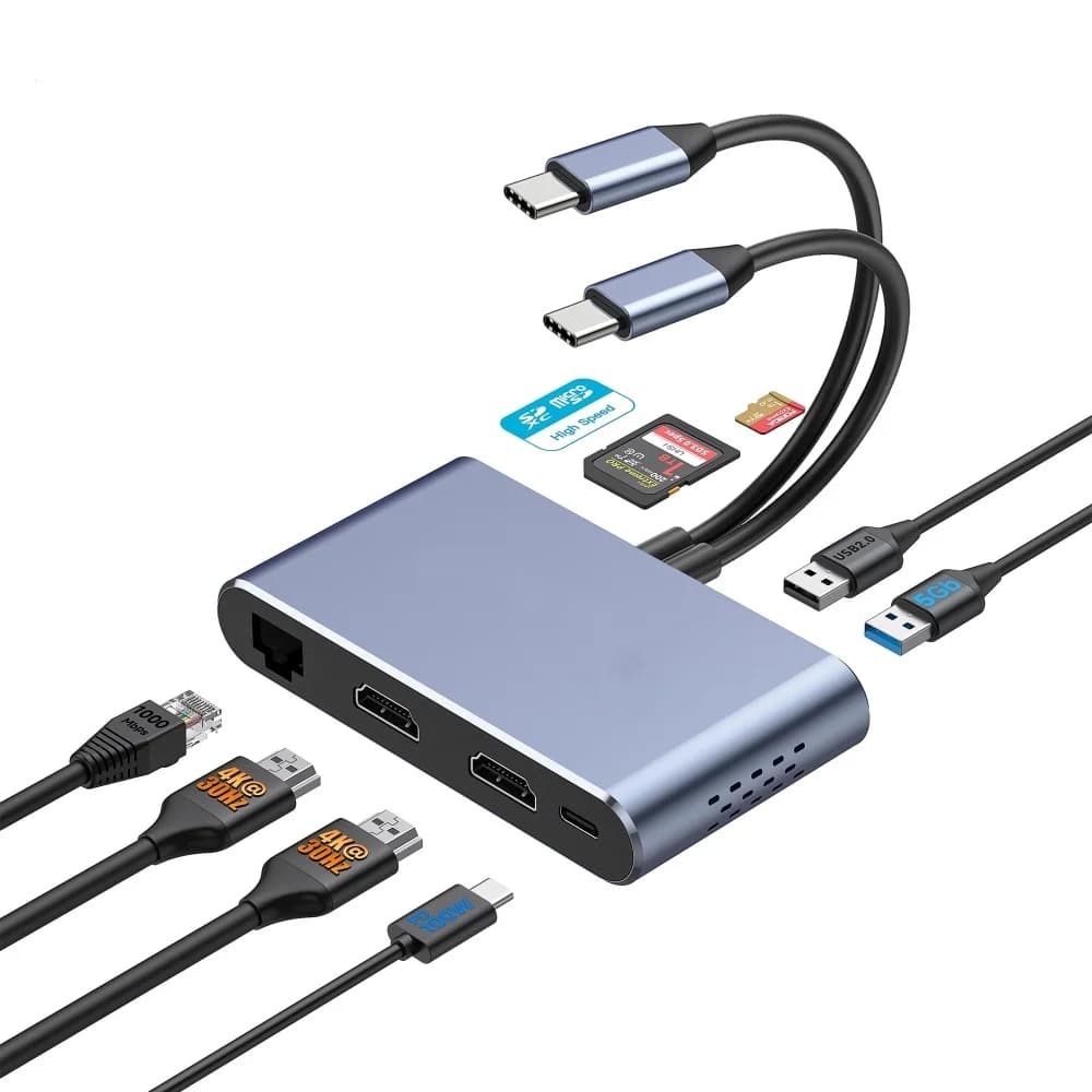 HUB USB C 8 in 2 Tipo C a doppio HDMI 4K60Hz RJ45 TF/SD PD 100W Adattatore HUB USB 3.0 per MacBook Air MacBook Pro