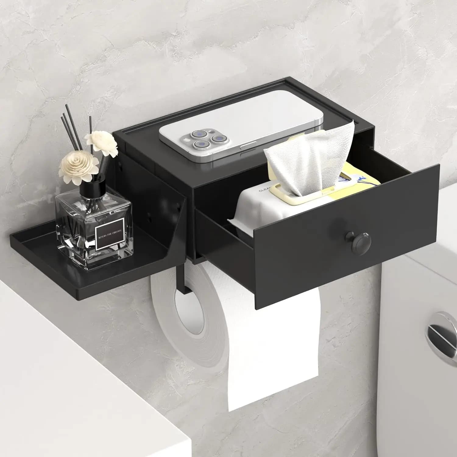 Plastic Toilet Paper Holder with Shelf and Drawer, Wall Mount Tissue Roll Storage for Bathroom, Black