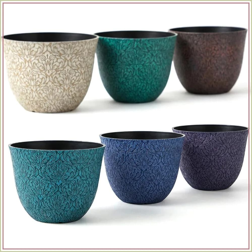 6-Pack 8" Plastic Plant Pots with Drainage Holes, Retro Floral Pattern for Indoor Plants, Multicolor