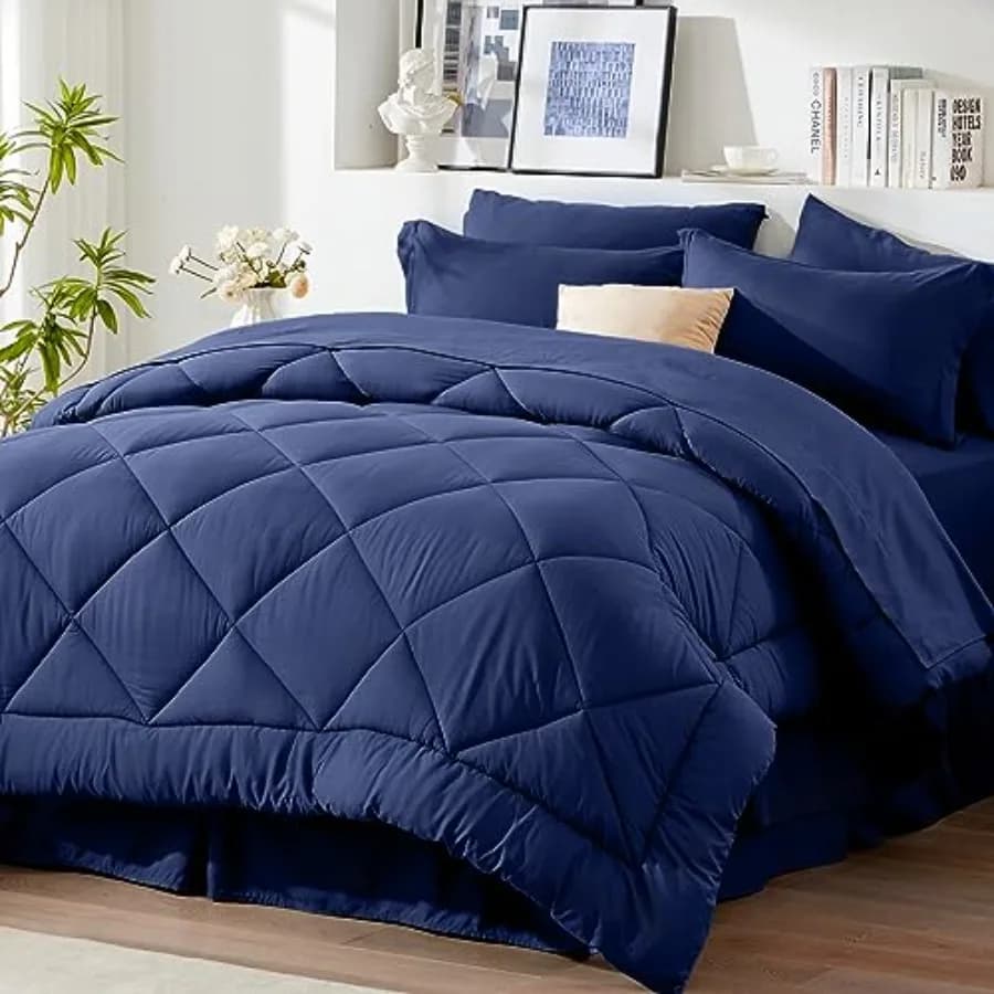 Set Copripiumino Queen Blu - Set Letto Completo Queen Size 8 Pezzi per Tutte le Stagioni, Set Copripiumino Soffice con Lenzuola e Trapunta